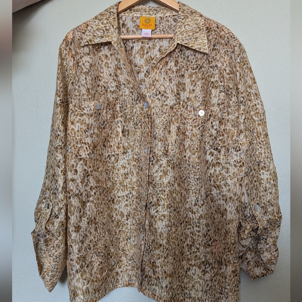 Ruby Rd. 22W Semi Sheer Top Button Front Roll-Tab Sleeves Business Casual 3X